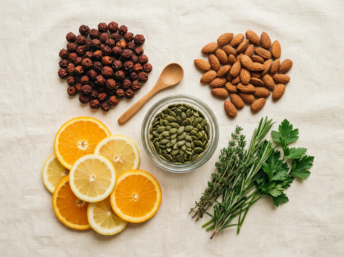 Natural supplement ingredients - hawthorn, magnesium-rich almonds, citrus for vitamin C, pumpkin seeds for zinc