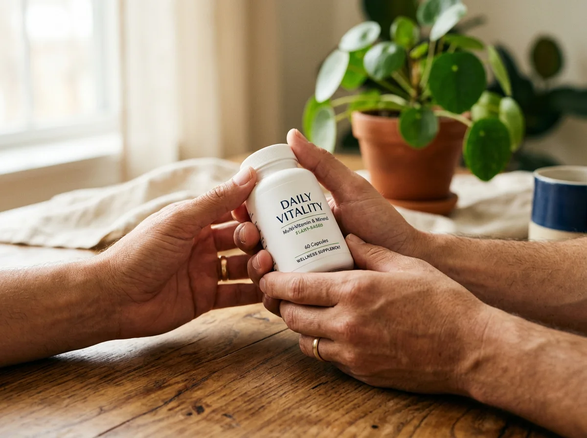 Hands holding a CardioX supplement bottle on a warm wooden surface